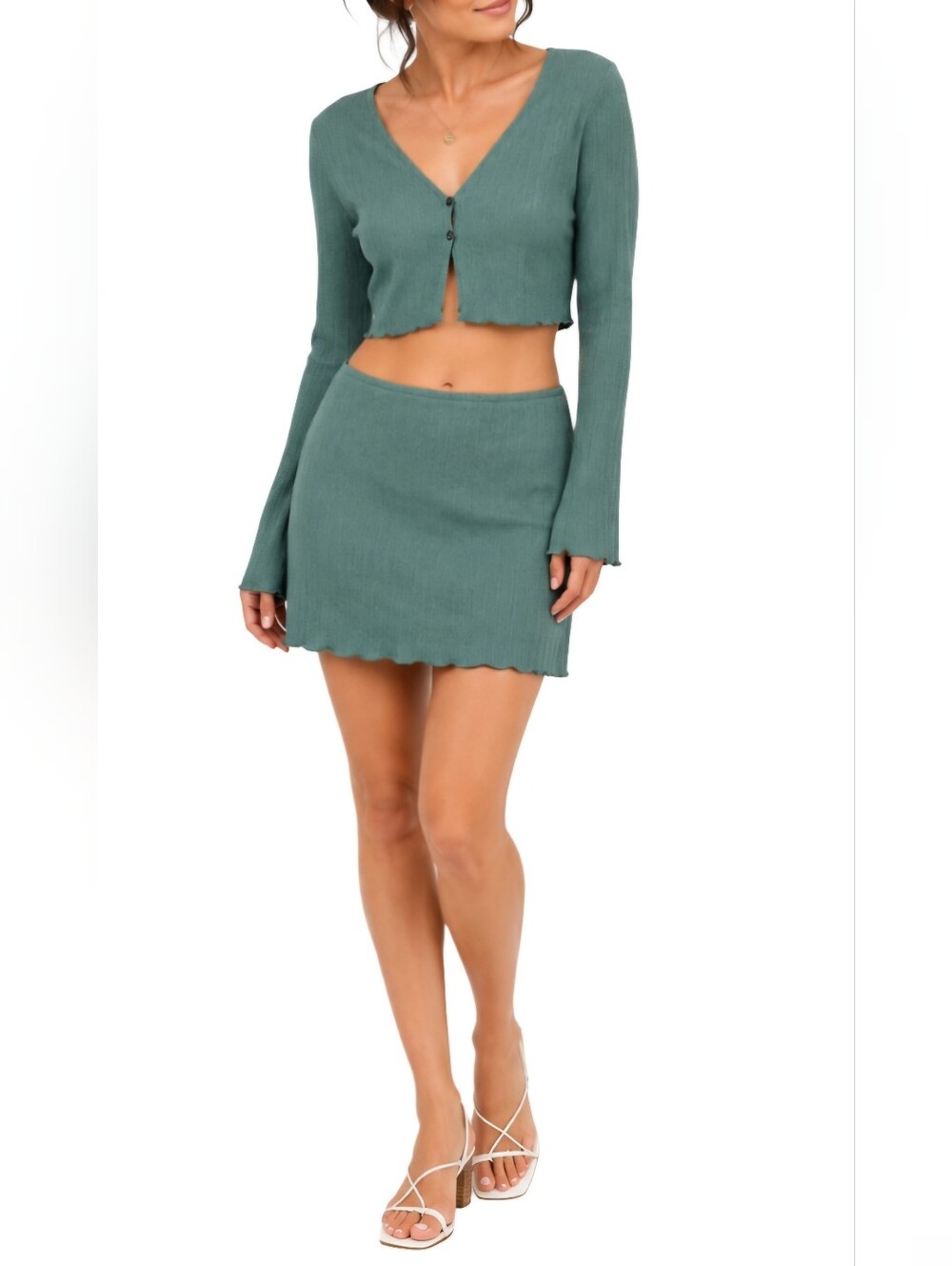 171 Forever 21 Dusty Sage Ribbed 2 Piece Mini Skirt Set Small Y2k Euphoria Vibes